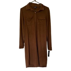 Brown Suede Glamour Soft Women’s Shirt Dress Gold Buttons With Waist Tie Size 6